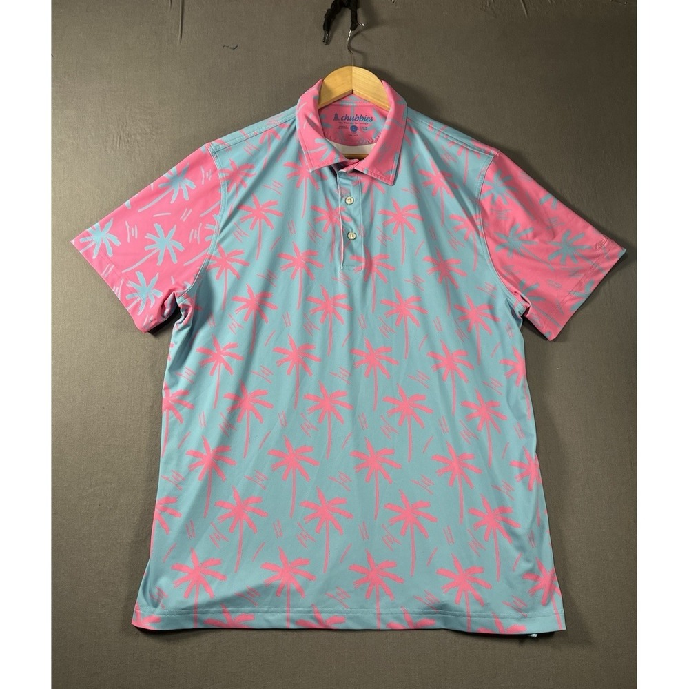 Chubbies Polo Blue Pink Palm Tree Print The Electric Slide Golf Shirt Large